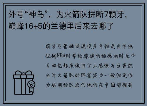 外号“神鸟”，为火箭队拼断7颗牙，巅峰16+5的兰德里后来去哪了